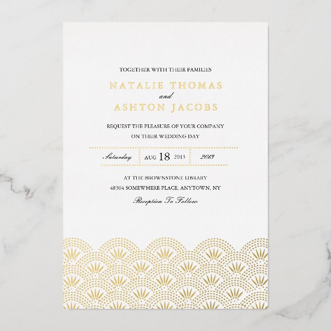 Invitación Con Relieve Metalizado Deco Seigaiha Boda Gold (Anverso)
