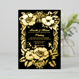 Invitación Con Relieve Metalizado Decoración de Boda Vintage Floral Negra y Dorada