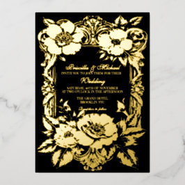 Invitación Con Relieve Metalizado Decoración de Boda Vintage Floral Negro y Dorado