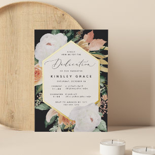 Invitación Con Relieve Metalizado Dedicación Moderna de Flores Boho para Bebé