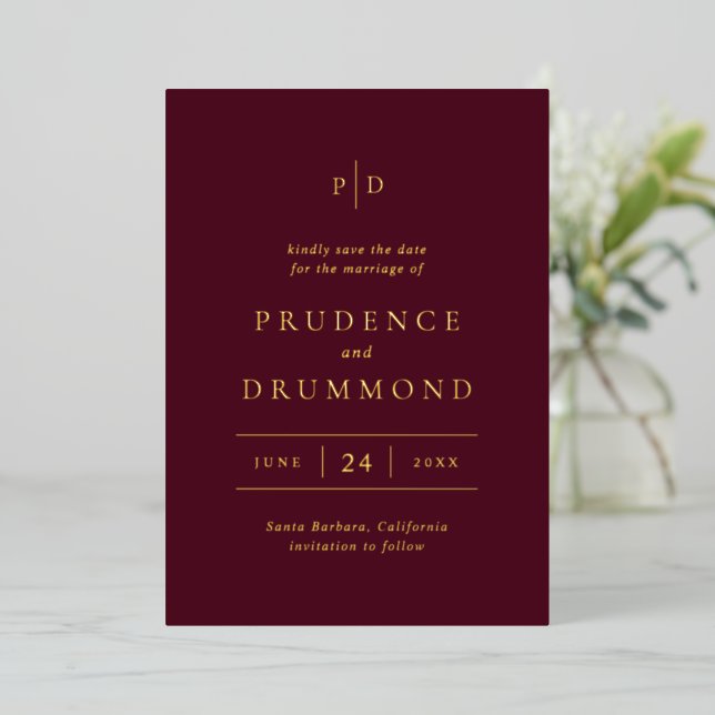 Invitación Con Relieve Metalizado Deep Burgundy Classic Wedding Foil Save the Date (Anverso de pie)