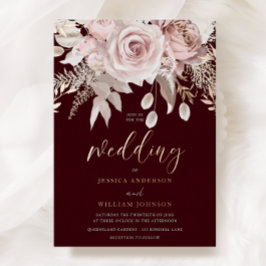 Invitación Con Relieve Metalizado Deep Burgundy & Rose Gold Blush Floral Wedding