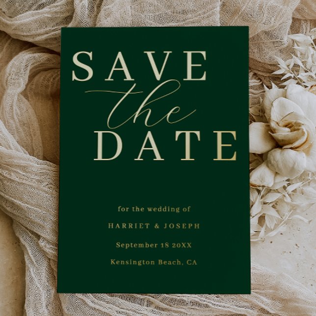 Invitación Con Relieve Metalizado Deep Emerald & Gold Foil Wedding Save The Date (Subido por el creador)