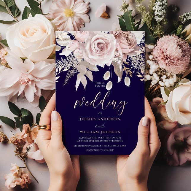 Invitación Con Relieve Metalizado Deep Navy & Rose Gold Blush Floral Wedding (Subido por el creador)