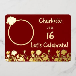 Invitación Con Relieve Metalizado Deep Red & Gold Wild Poppy 16º cumpleaños