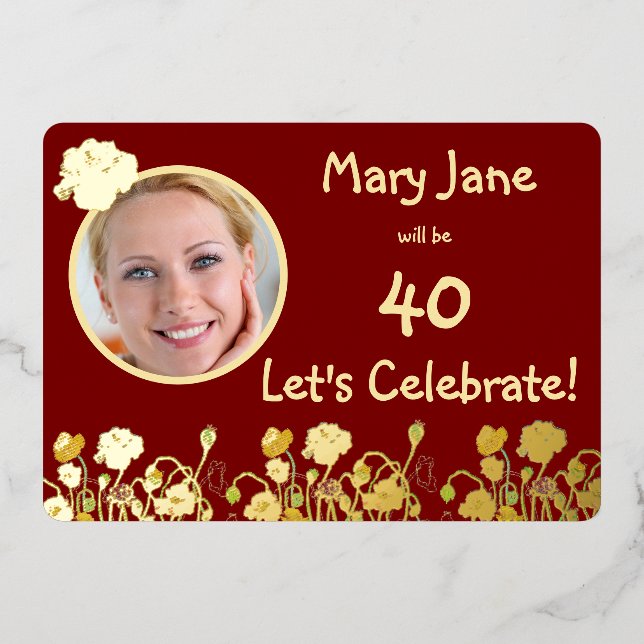 Invitación Con Relieve Metalizado Deep Red & Gold Wild Poppy 40 cumpleaños (Anverso)