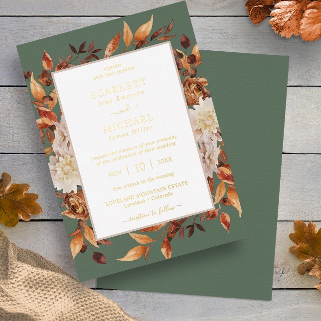 Invitación Con Relieve Metalizado Deja a un Boda ruso (Autumn Leaves Rustic Sage Green Wedding Foil Invitation by Painted Paperie
)