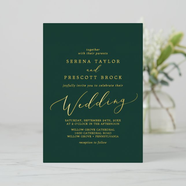 Invitación Con Relieve Metalizado Delicada caligrafía de Relieve metalizado dorado | (Anverso de pie)