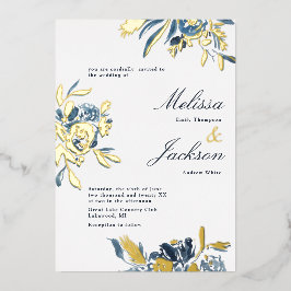 Invitación Con Relieve Metalizado Delicada flor azul y diseño Boda de florecimiento 