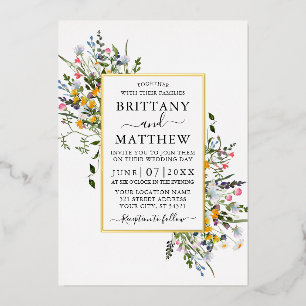 Invitación Con Relieve Metalizado Delicadas Flores Silvestres Acuarela Boda Oro