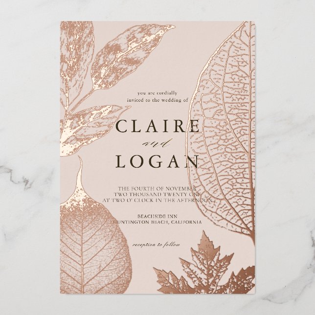 Invitación Con Relieve Metalizado Delicado dorado deja Boda rosado beige (Anverso)