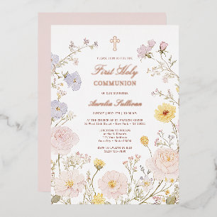 Invitación Con Relieve Metalizado Delicado marco floral Primera Comunión