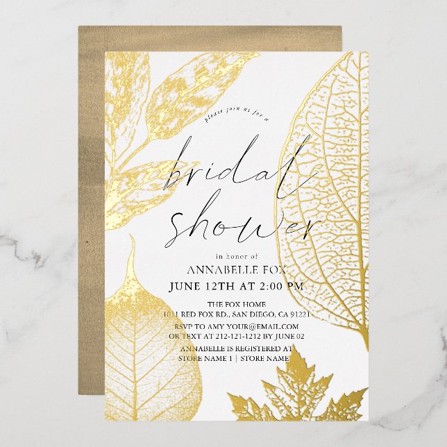 Invitación Con Relieve Metalizado Delicado oro deja ducha de novia (Anverso/Reverso)