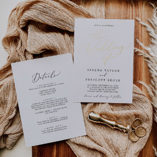 Invitación Con Relieve Metalizado Delicado papel de oro y boda de frente y dorso neg