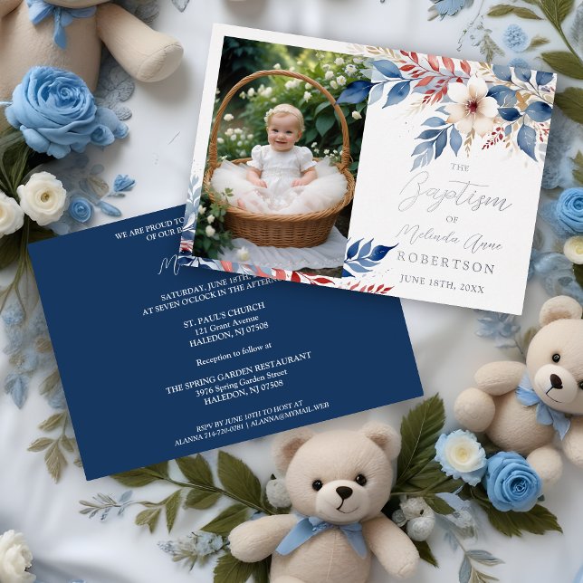 Invitación Con Relieve Metalizado Delicate Blue & Red Shades Floral Botanical Posies (Delicate Blue & Red Shades Floral Botanical Bouquets Photo Baptism Silver Metallic Foil Invitation.)