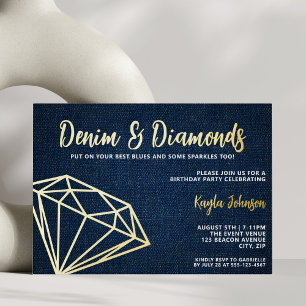 Invitación Con Relieve Metalizado Denim y Diamantes Elegante Azul Geométrico