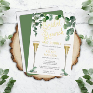 Invitación Con Relieve Metalizado Desayuno Bridal de Champán Boho Eucalipto y Burbuj