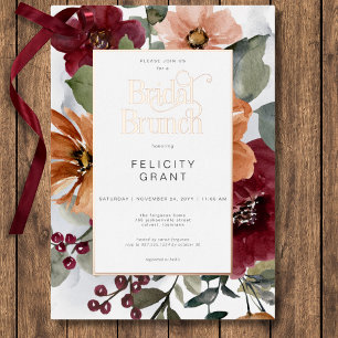 Invitación Con Relieve Metalizado Desayuno Bridal Otoño Rústico con Floral de Rojo y