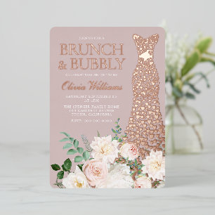 Invitación Con Relieve Metalizado Desayuno Brunch & Bubbly Rosa Dorado para Despedid