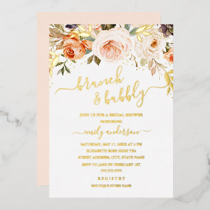 Invitación Con Relieve Metalizado Desayuno Brunch Floral Naranja Dorada Melocotón y
