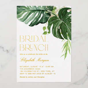 Invitación Con Relieve Metalizado Desayuno Brunch Tropical de Hojas de Monstera para