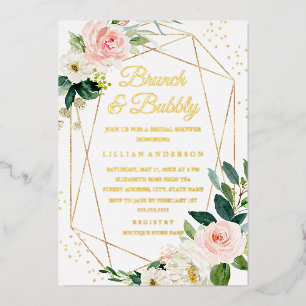 Invitación Con Relieve Metalizado Desayuno Brunch y Burbujas de Boda con Hojas de Or