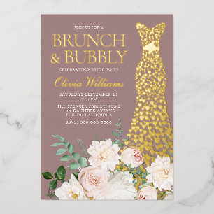 Invitación Con Relieve Metalizado Desayuno Brunch y Burbujas de Vestido y Flores Des