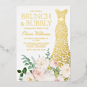 Invitación Con Relieve Metalizado Desayuno Brunch y Burbujas de Vestido y Flores Des