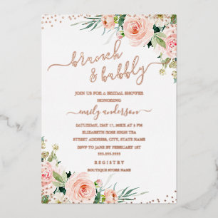 Invitación Con Relieve Metalizado Desayuno Brunch Y Burbujeante Floral ROSE GOLD Des