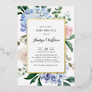 Invitación Con Relieve Metalizado Desayuno de bebé con Hortensias Azules y Rosas Ros