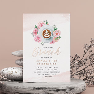 Invitación Con Relieve Metalizado Desayuno de Damas de Honor Flor de Peonía Rosa y C