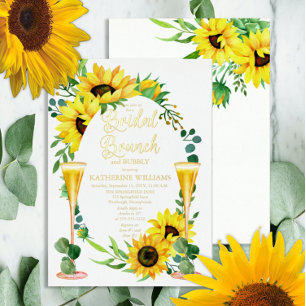 Invitación Con Relieve Metalizado Desayuno Nupcial Girasoles   Marco Floral de Eucal