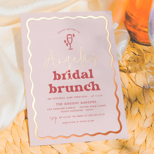 Invitación Con Relieve Metalizado Desayuno nupcial retro rosa y rojo brillante ondul