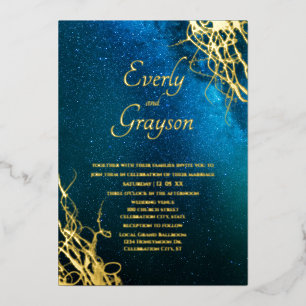 Invitación Con Relieve Metalizado Deseos de un Boda de Star Fairytale Blue & Gold