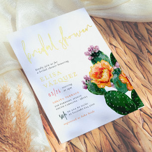 Invitación Con Relieve Metalizado Despedida de Soltera Cactus y Flores del Desierto 