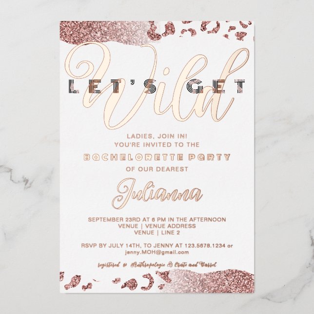 Invitación Con Relieve Metalizado Despedida de soltera con estampado de animales sal (Anverso)