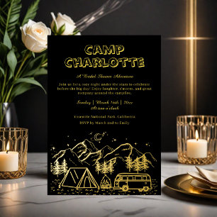 Invitación Con Relieve Metalizado Despedida de soltera de camping negro y dorado