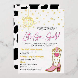 Invitación Con Relieve Metalizado Despedida de soltera Disco Vaquera de Oro y Rosa B