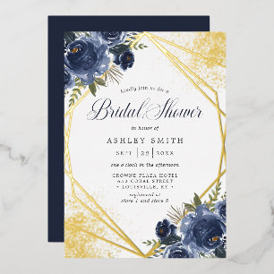 Invitación Con Relieve Metalizado Despedida de soltera floral azul marino geométrica
