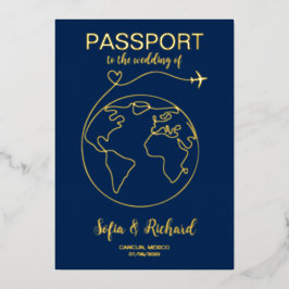 Invitación Con Relieve Metalizado Destino de Boda Pasaporte Mapa Mundial con Hojas d