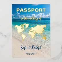Destino de boda pasaporte Oro Hoja plana corazón