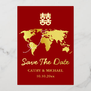 Invitación Con Relieve Metalizado destino del mapa rojo boda china guardar la fecha