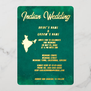 Invitación Con Relieve Metalizado destino indio verde esmeralda tradicional real