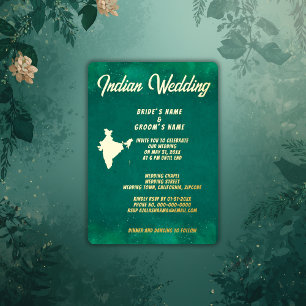 Invitación Con Relieve Metalizado destino indio verde esmeralda tradicional real