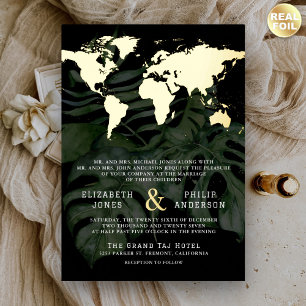 Invitación Con Relieve Metalizado Destino Tropical Negro Mapa Mundial Boda Dorado