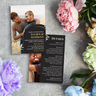 Invitación Con Relieve Metalizado Detalles de Boda Charcoal Arch Golden Sprigs 2 en