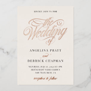 Invitación Con Relieve Metalizado Detalles de Boda con Escritura de Rosa Marfil Eleg