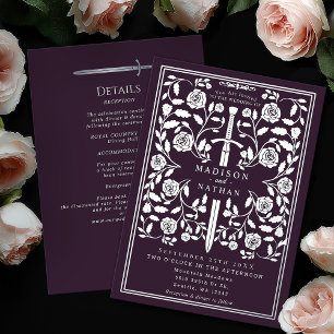 Invitación Con Relieve Metalizado Detalles de Boda con Espada de Plata Medieval de B