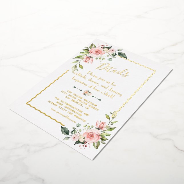 Invitación Con Relieve Metalizado Detalles de boda con hoja de oro REAL Floral Beige (girado)