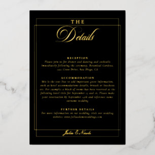 Invitación Con Relieve Metalizado Detalles de boda de caligrafía negra clásica chic